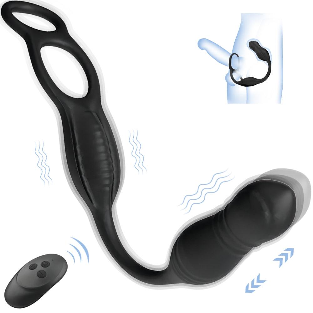 3 Thrusting & 10 Vibration Modes Prostate Massager with 2 Penis Rings Remote Control Anal Vibrator - propinkup