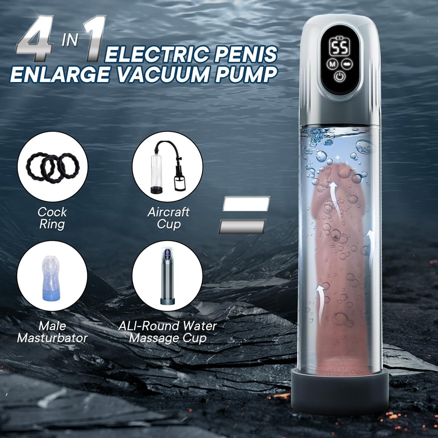 5 Suction Modes Electric Penis Pump with Mini Pussy and 3 Penis Ring Sex Toys for Male Enlarger Erection