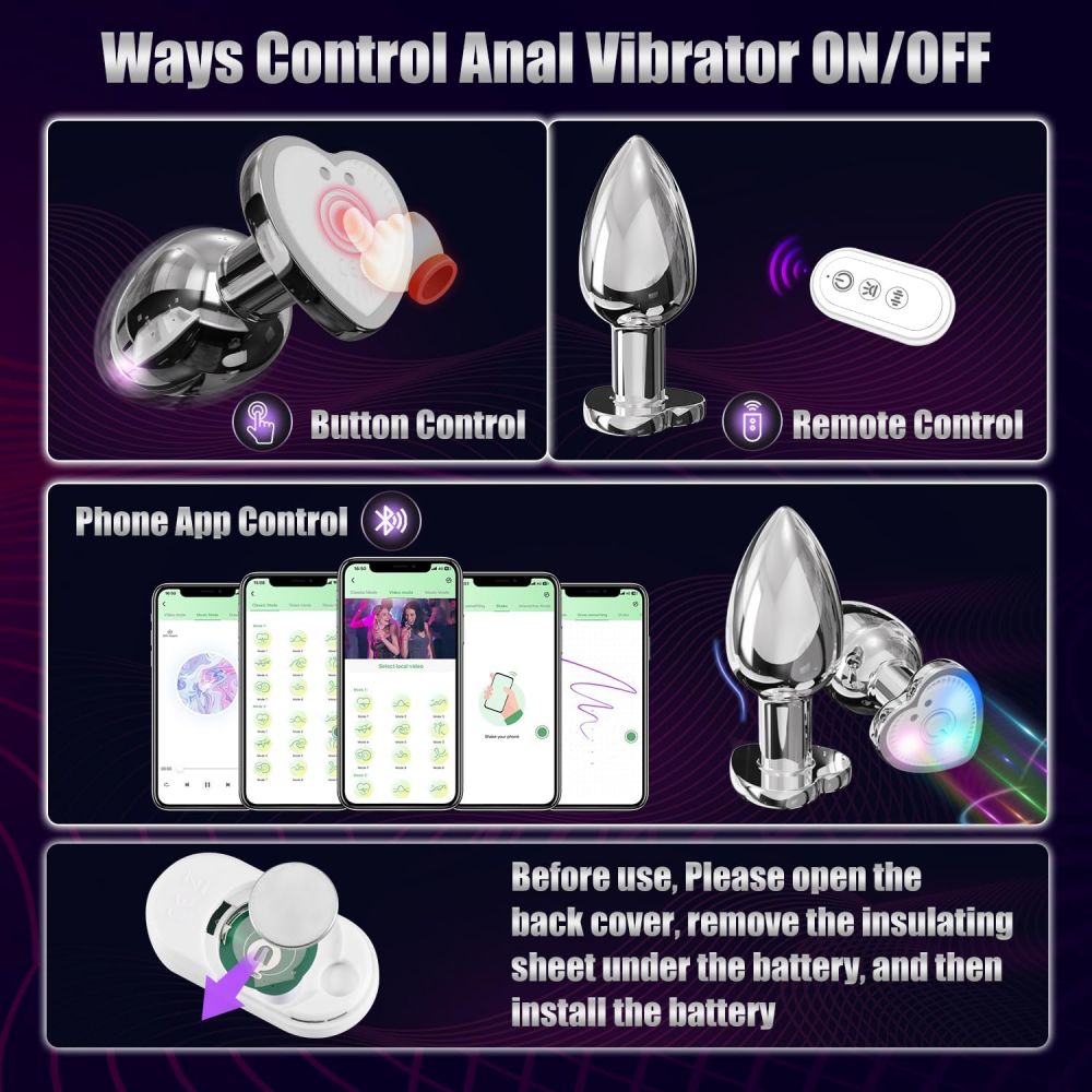 APP Control Butt Plug Heart Light Up Anal Plug with Remote Control Anal Vibrator Anal Trainer Prostate Massager - propinkup