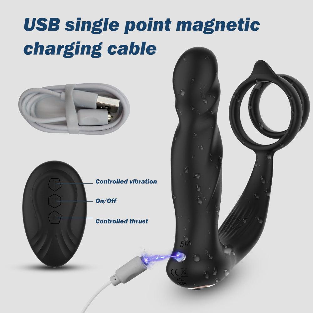 Thrusting Prostate Massager Remote Control Anal Vibrator Butt Plug with Dual Cock Ring - propinkup