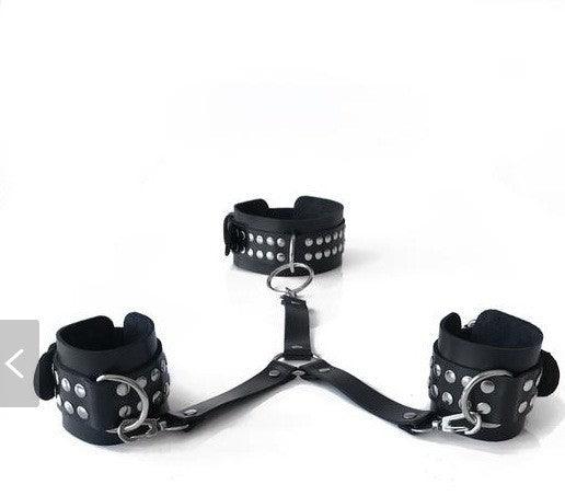 Collar, leather handcuffs, Neck Restraint, choker with chain leash, Bondage Gear - propinkup