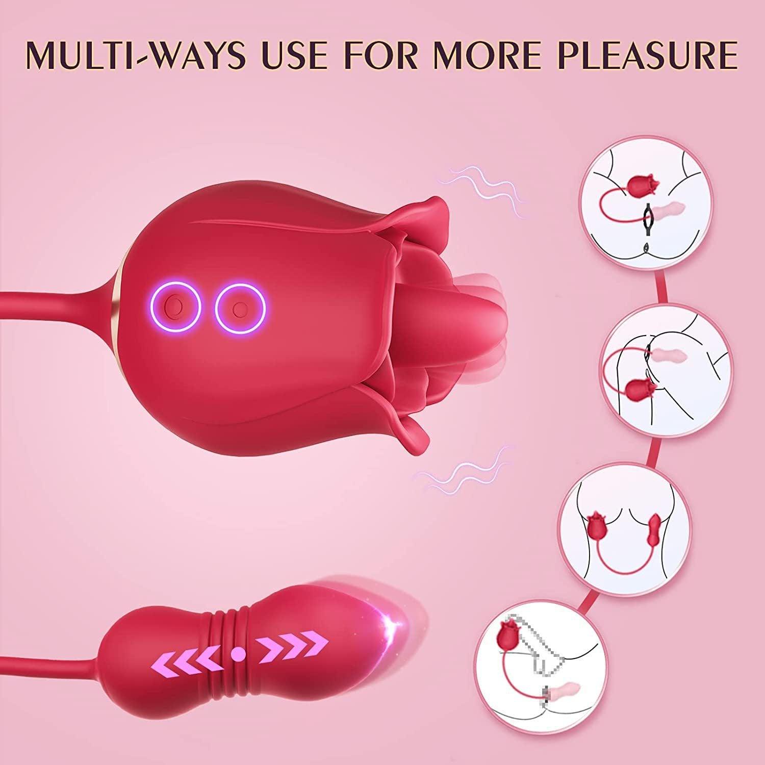 Rose Vibrator for Woman - 3 in 1 Clitoral Stimulator Tongue Licking Thrusting G Spot Dildo Vibrator with 9 Modes - propinkup