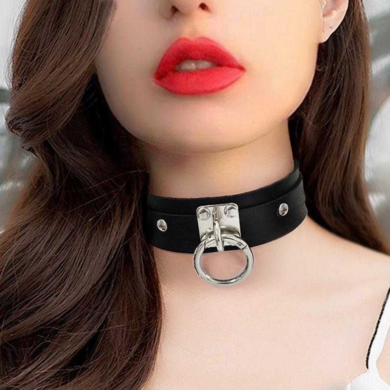 Sexy Punk Rock Emo Goth PU Leather & Silver Pull Ring Choker - propinkup