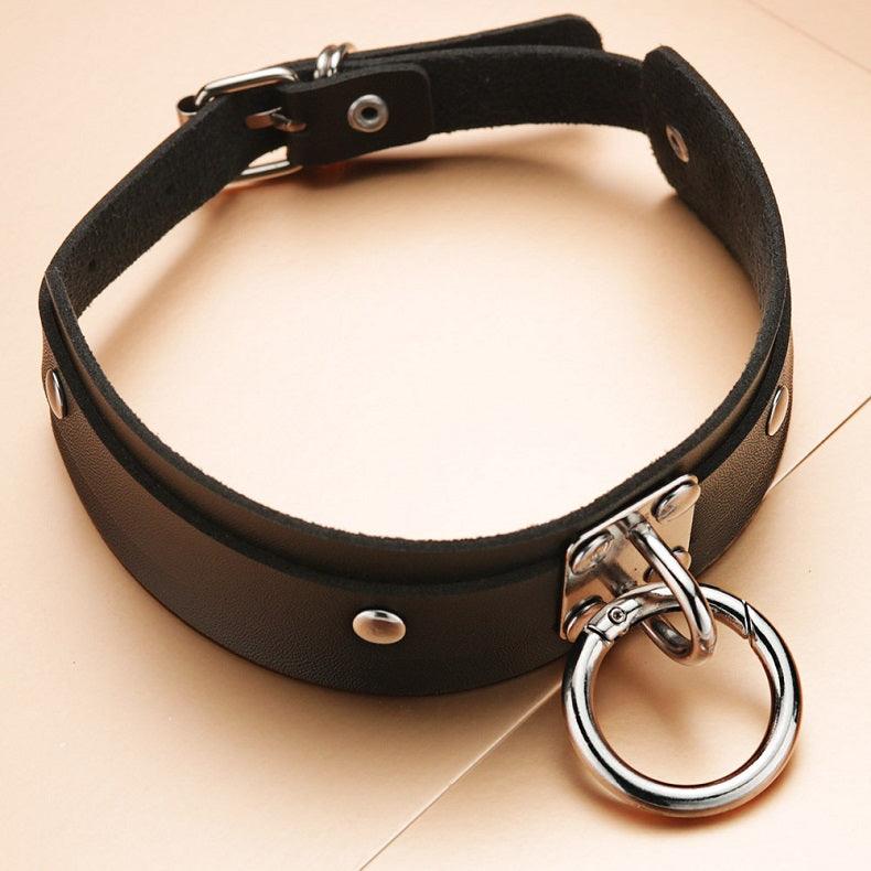 Sexy Punk Rock Emo Goth PU Leather & Silver Pull Ring Choker - propinkup