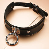 Sexy Punk Rock Emo Goth PU Leather & Silver Pull Ring Choker - propinkup